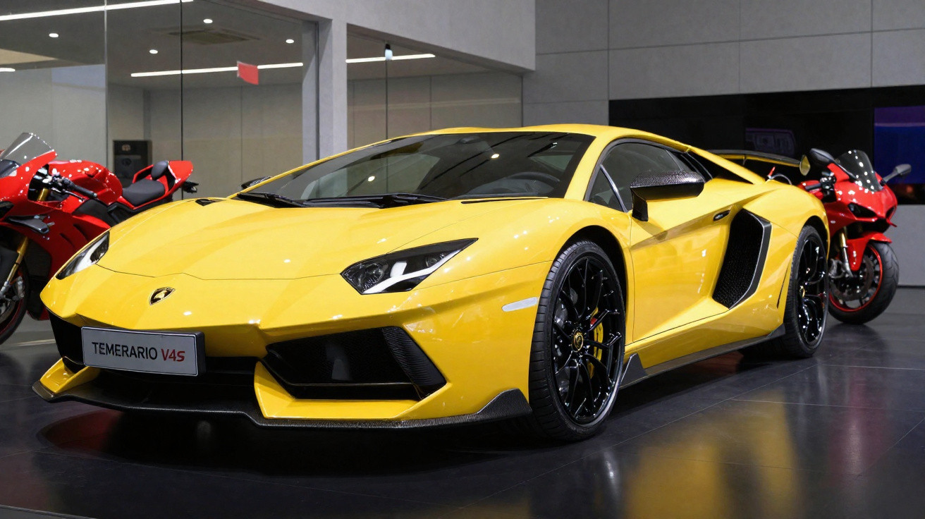 Carro esportivo amarelo Lamborghini Temerario V4S exibido em showroom com duas motos vermelhas ao fundo.