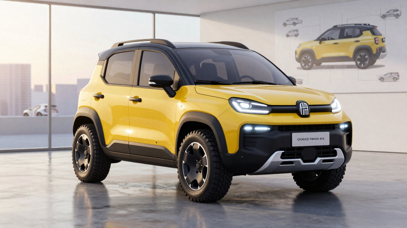 SUV compacto amarelo com detalhes pretos exposto em ambiente interno moderno, com painel de projeto ao fundo.
