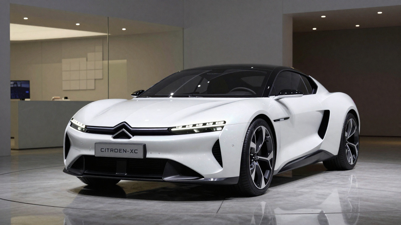 Carro esportivo branco Citroën XC com design futurista em exposição interna.