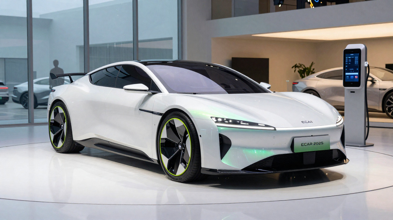 Carro esportivo elétrico branco exibido em ambiente interno moderno com máquina de carregamento ao fundo.