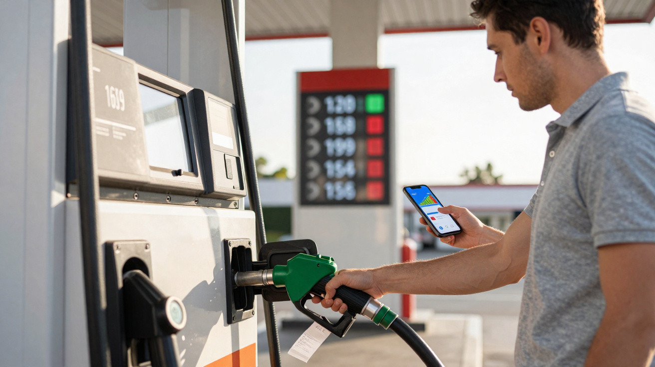 Homem usando celular enquanto abastece carro em posto de gasolina durante o dia.