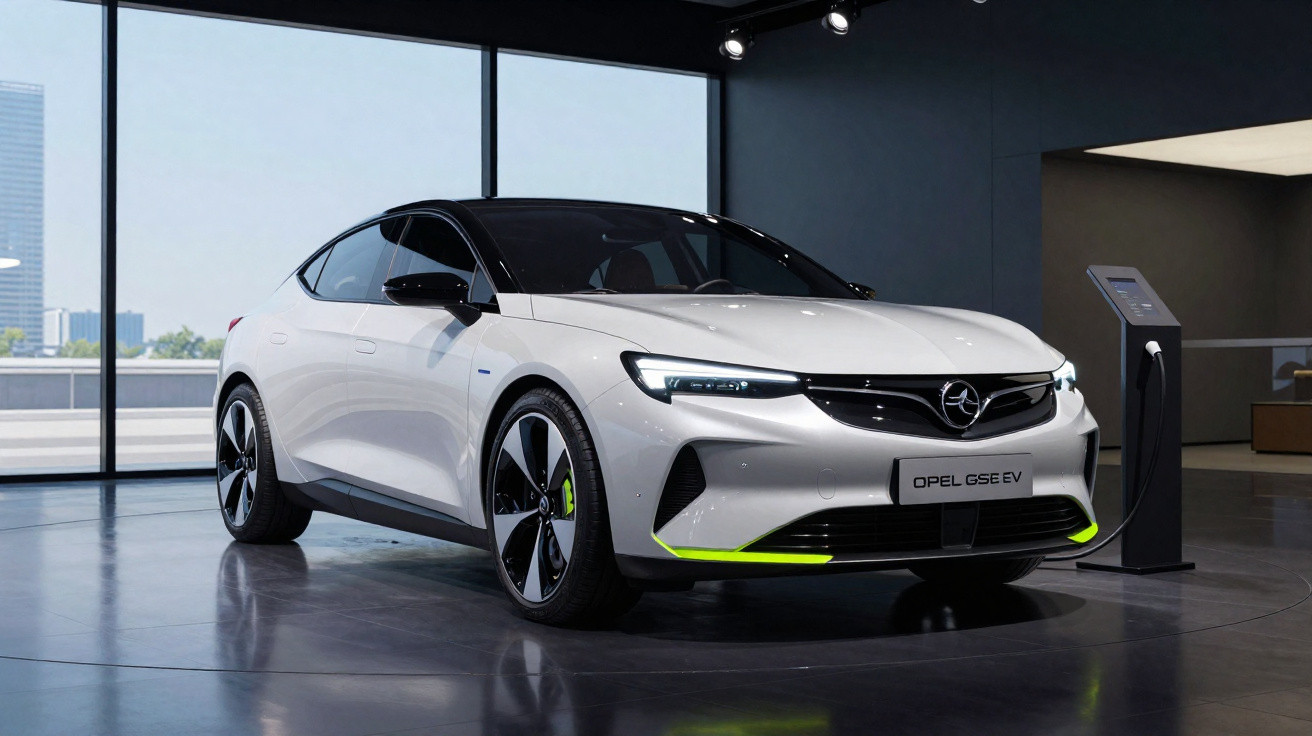 Carro elétrico branco Opel GSE EV conectado ao carregador em showroom moderno com grandes janelas.