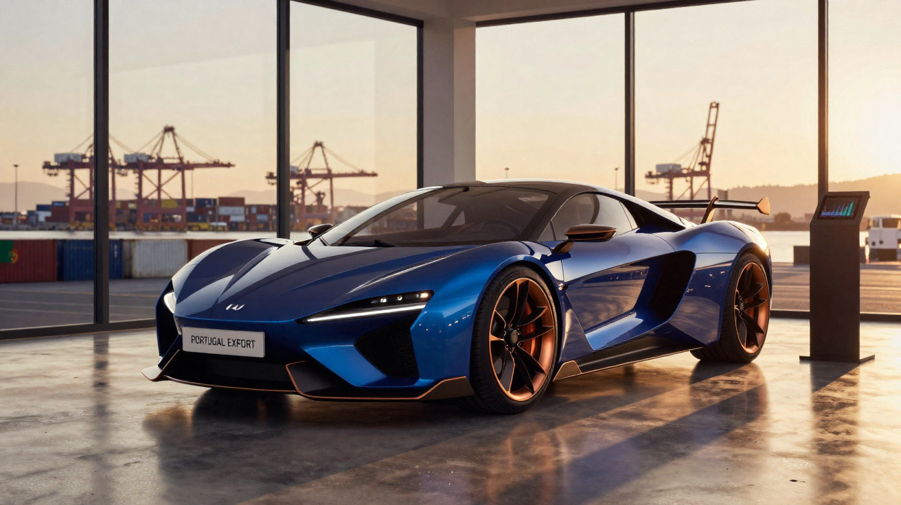 Carro esportivo azul com design aerodinâmico em exposição com contêineres e guindastes ao fundo.