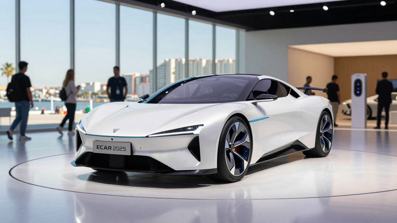 Carro esportivo branco futurista ECAR 2025 exibido em salão moderno com pessoas ao fundo.