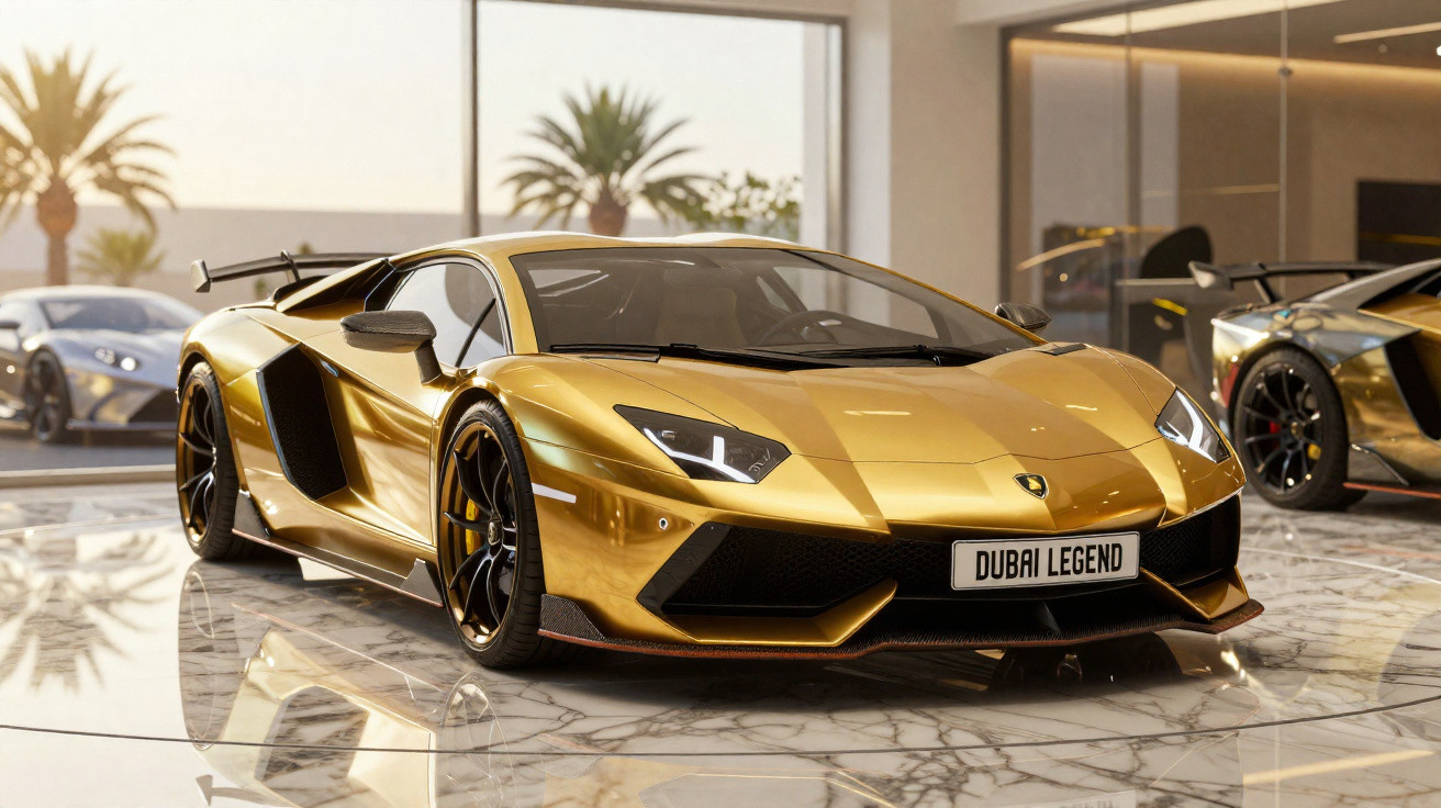 Carro esportivo dourado Lamborghini estacionado em showroom moderno com piso de mármore refletivo.
