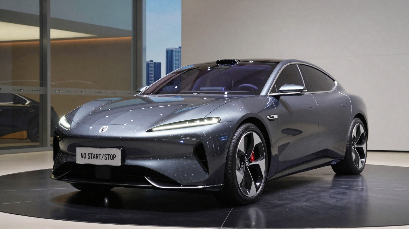 Carro elétrico cinza escuro exibido em salão, com design moderno e faróis estreitos acesos.