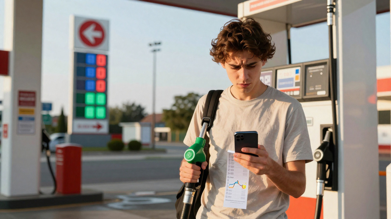 Jovem segurando bomba de combustível e olhando para celular em posto de gasolina ao entardecer.