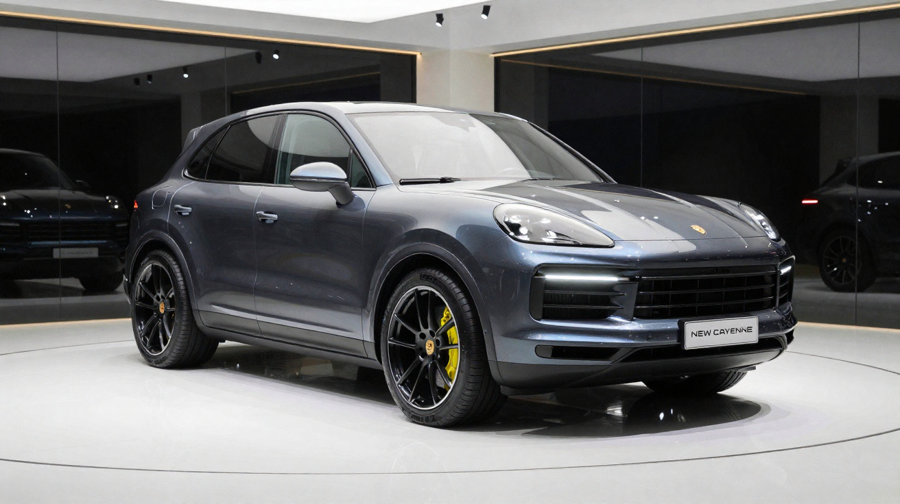 Carro SUV Porsche New Cayenne azul metálico exibido em ambiente moderno com iluminação branca.