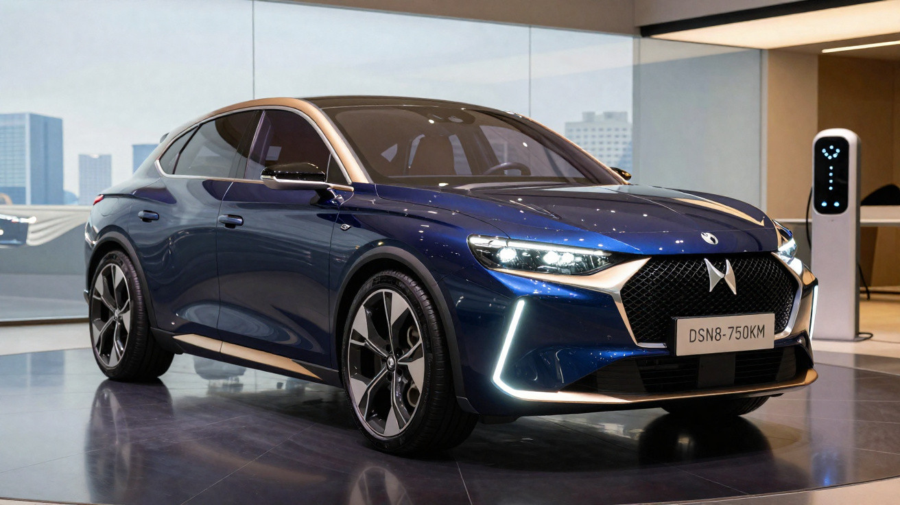 Carro elétrico azul escuro com detalhes em dourado em showroom moderno com carregador ao fundo.