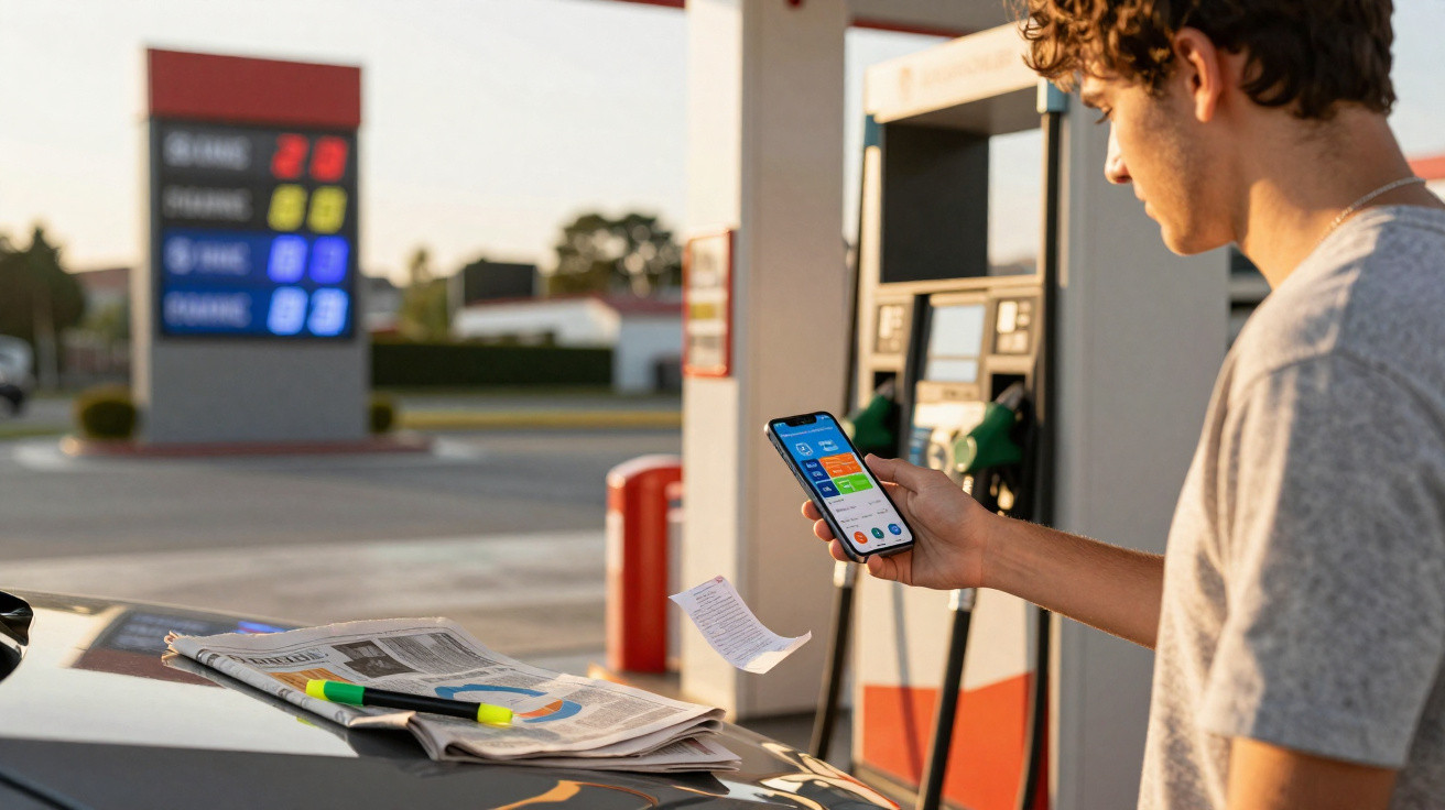 Jovem usa celular em posto de combustível com nota fiscal e jornal sobre capô do carro.