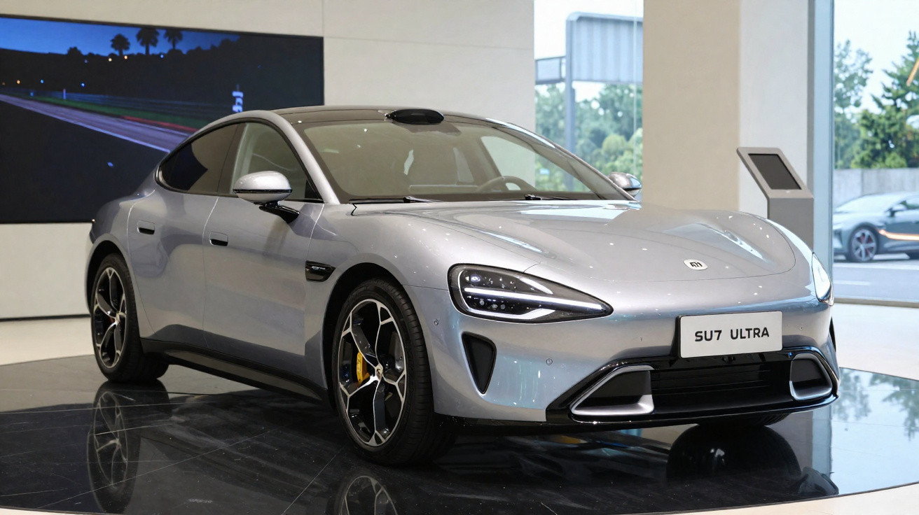 Carro elétrico prata SU7 Ultra exibido em showroom moderno com piso preto refletivo.