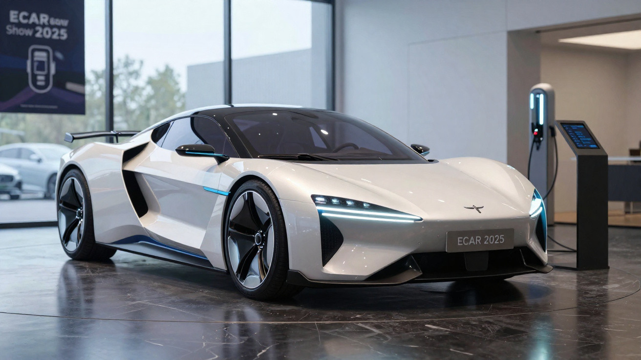 Carro esportivo elétrico branco com design futurista exposto em salão, plugado em estação de recarga.