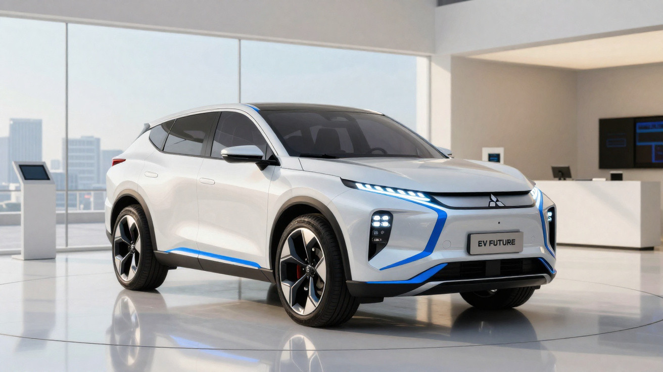 Carro elétrico branco Mitsubishi EV Future exibido em showroom com luz natural e detalhes azuis.