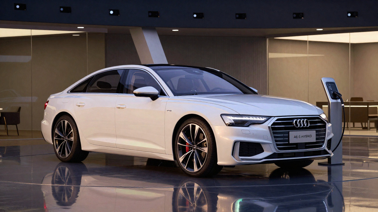 Audi A6 híbrido branco carregando em estação de recarga elétrica interna em ambiente moderno e iluminado.
