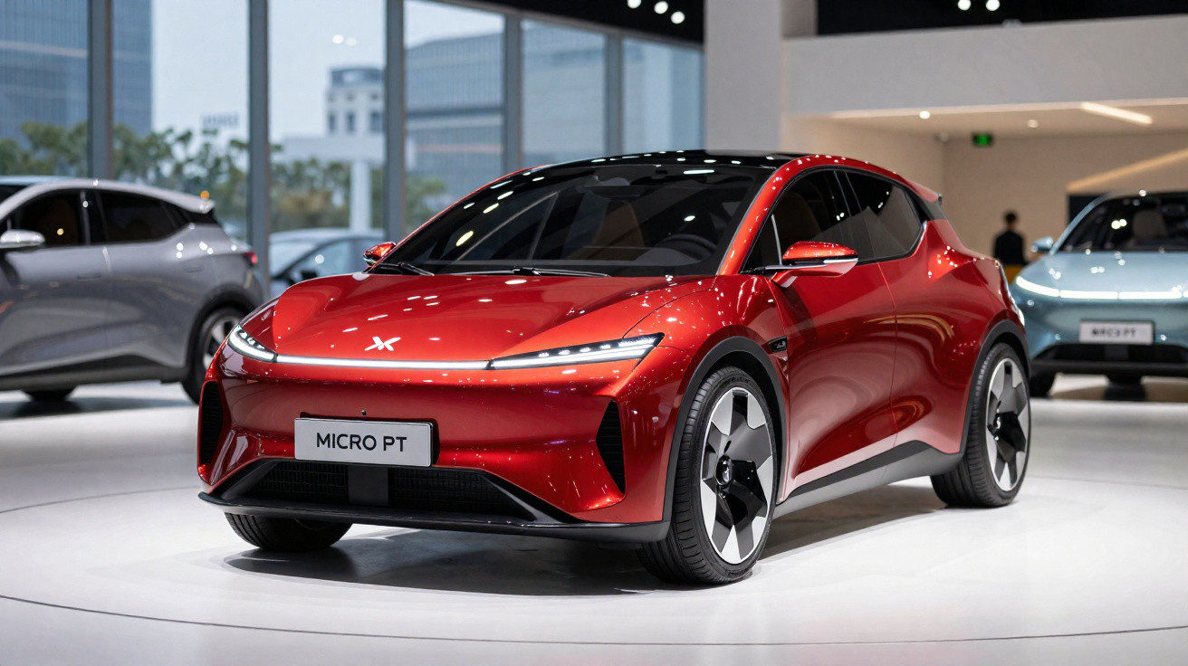 Carro elétrico compacto vermelho Xpeng Micro PT exposto em salão automotivo moderno.