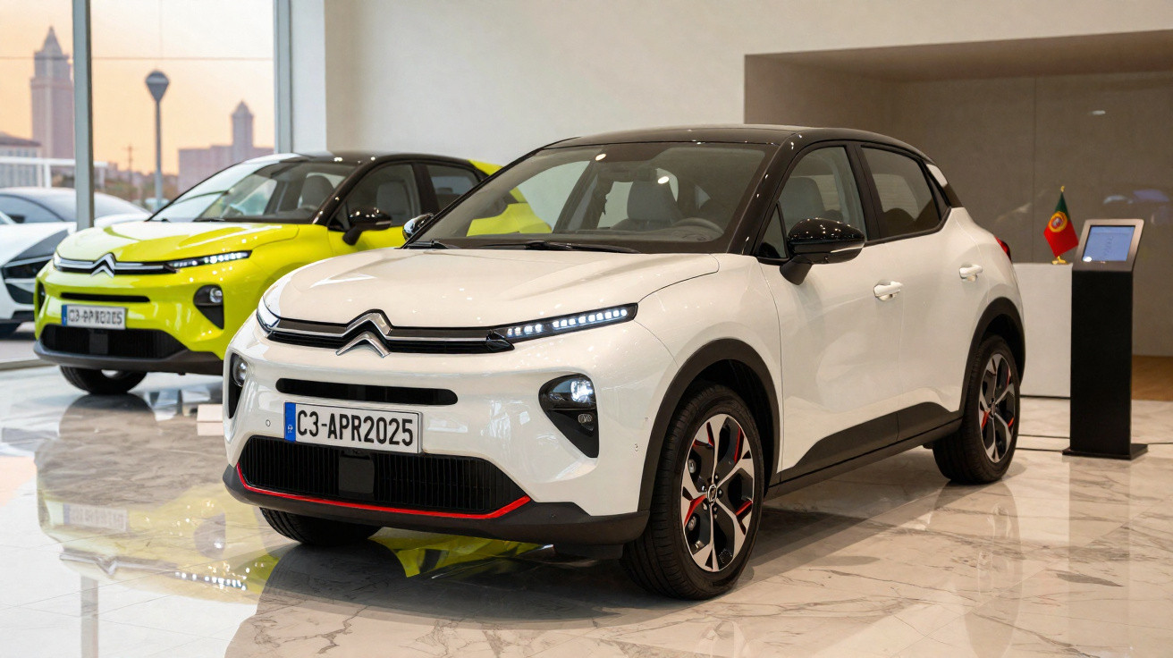 Dois carros Citroën C3 expostos em showroom, um branco em destaque e outro amarelo ao fundo.