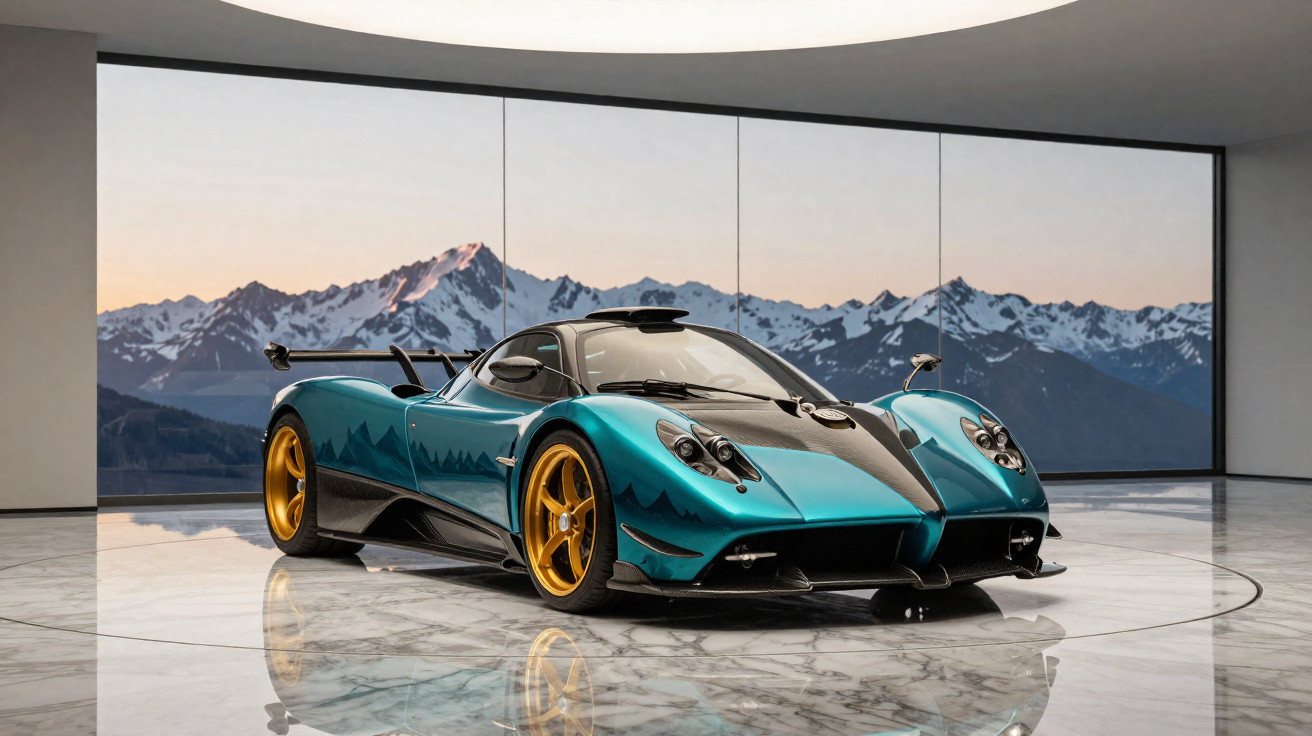 Carro esportivo azul metálico com detalhes pretos e rodas douradas em salão com vista para montanhas nevadas.