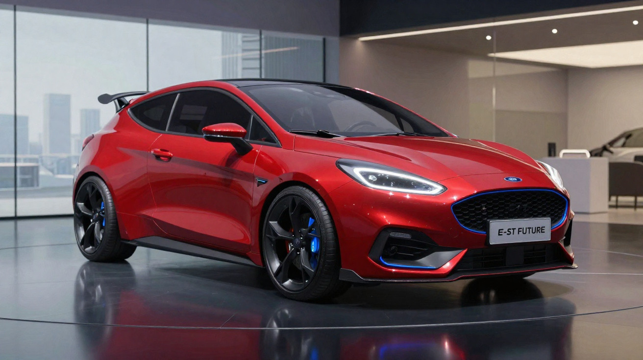 Carro esportivo vermelho Ford E-ST Future exposto em ambiente interno moderno com rodas pretas e detalhes azuis.