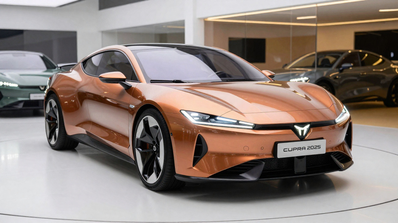 Carro esportivo Cupra 2025 cor cobre em exposição interna com design moderno e futurista.