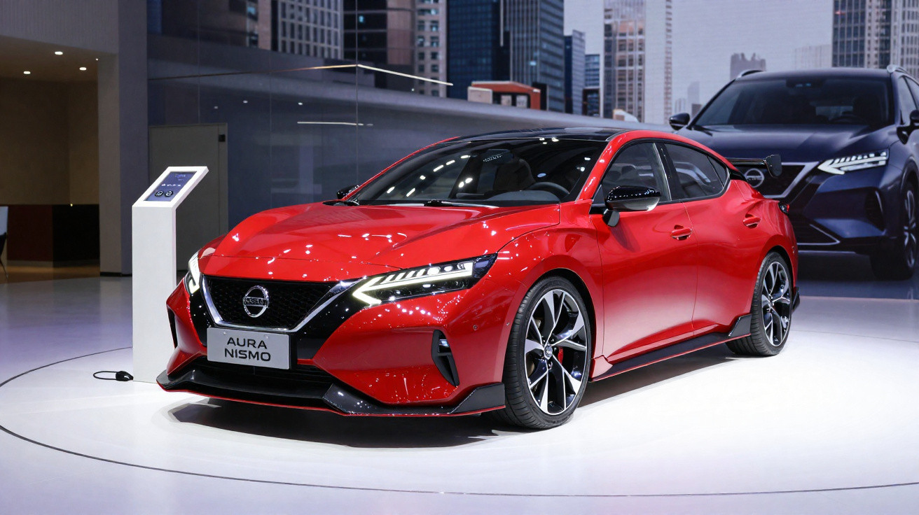 Carro esportivo Nissan Aura Nismo vermelho exibido em salão, com design moderno e rodas pretas.