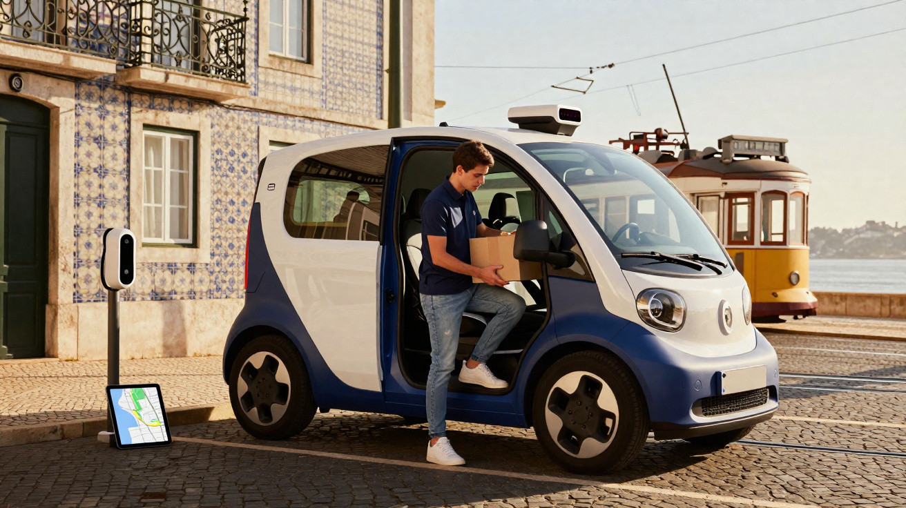 Homem entrega pacote saindo de carro elétrico compacto estacionado em rua de paralelepípedo com bonde ao fundo.