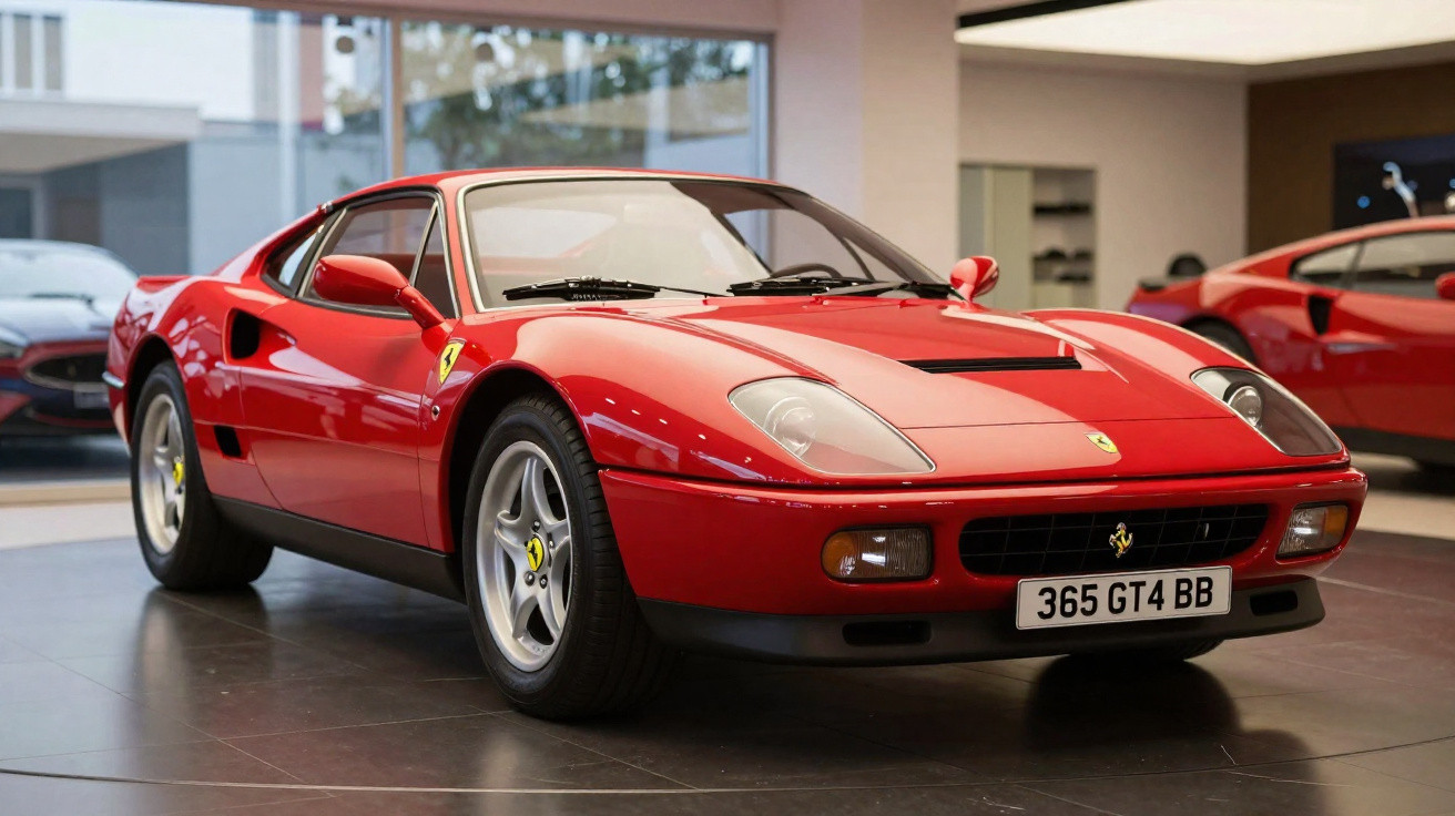 Carro esportivo Ferrari vermelho brilhante estacionado em showroom com iluminação suave.