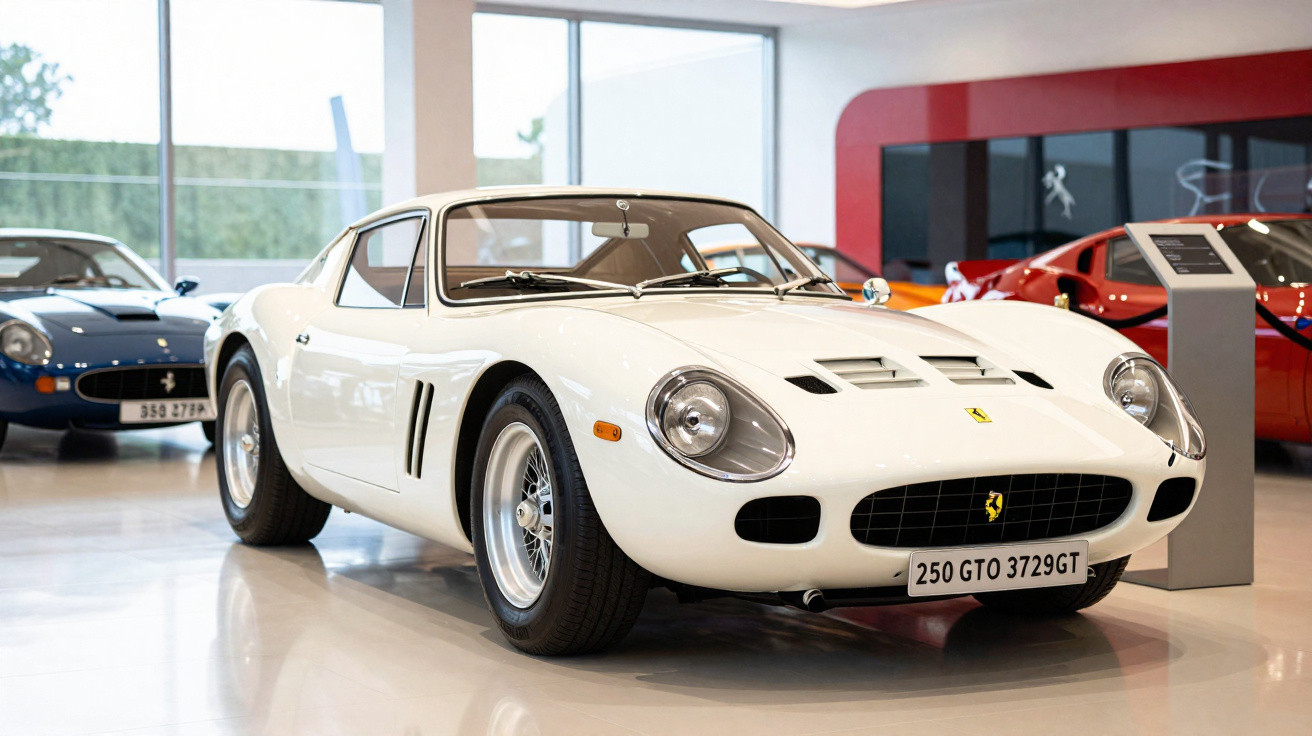 Carro clássico esportivo branco Ferrari 250 GTO exposto em museu com outros carros ao fundo.