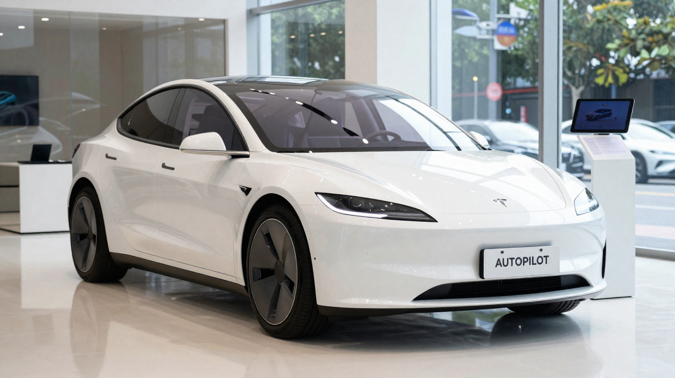 Carro elétrico branco Tesla com placa "Autopilot" em showroom moderno com janelas amplas.