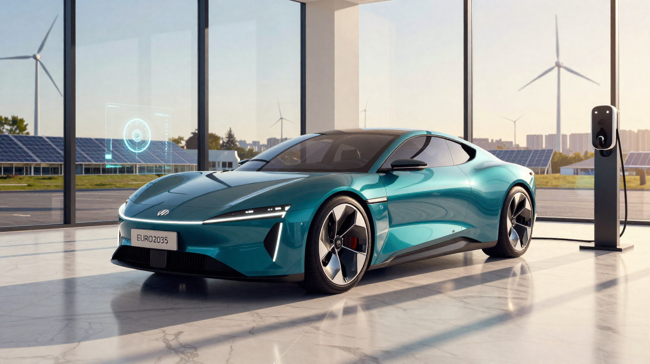 Carro elétrico esportivo azul em showroom com estação de recarga e painéis solares ao fundo.