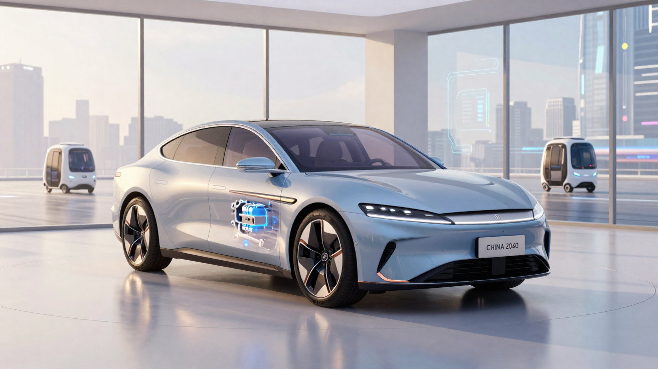 Carro elétrico moderno prata em espaço amplo com duas pequenas vans autônomas ao fundo.