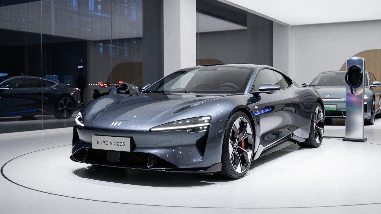 Carro esportivo elétrico cinza escuro exibido em estande moderno com carregador ao fundo.