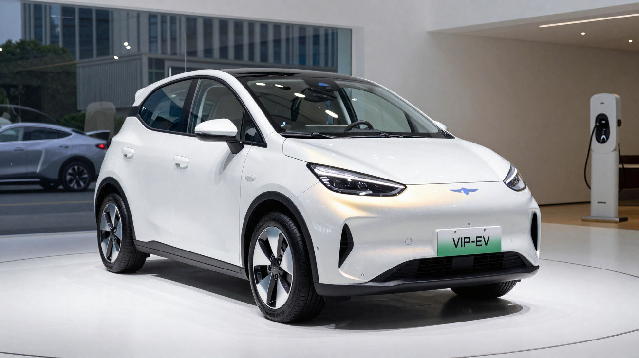 Carro elétrico branco VIP-EV em exposição, com design moderno e carregador elétrico ao fundo.