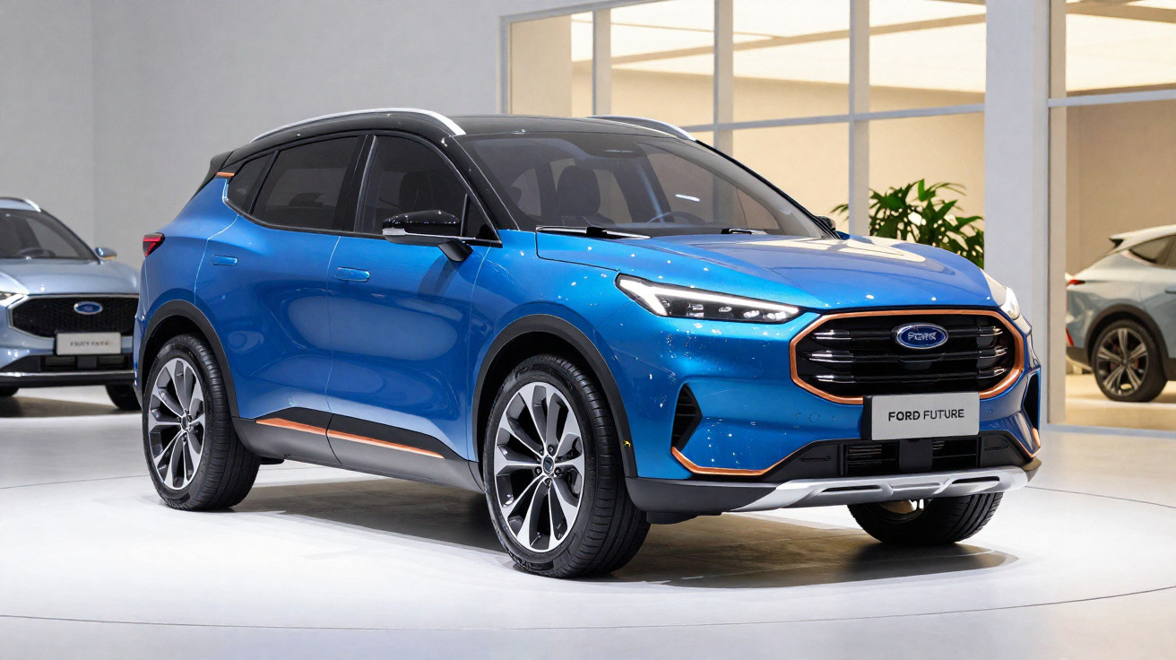 SUV elétrico azul Ford Future exposto em showroom moderno com detalhes em laranja e teto preto.
