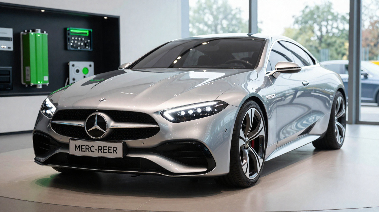 Carro esportivo prata Mercedes-Benz estacionado em showroom moderno com janelas amplas ao fundo.