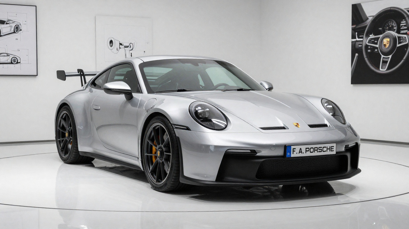 Carro esportivo prata Porsche 911 GT3 em exposição em ambiente branco minimalista.