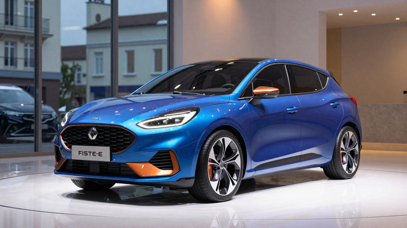Carro elétrico compacto azul com detalhes laranja exibido em ambiente interno moderno.