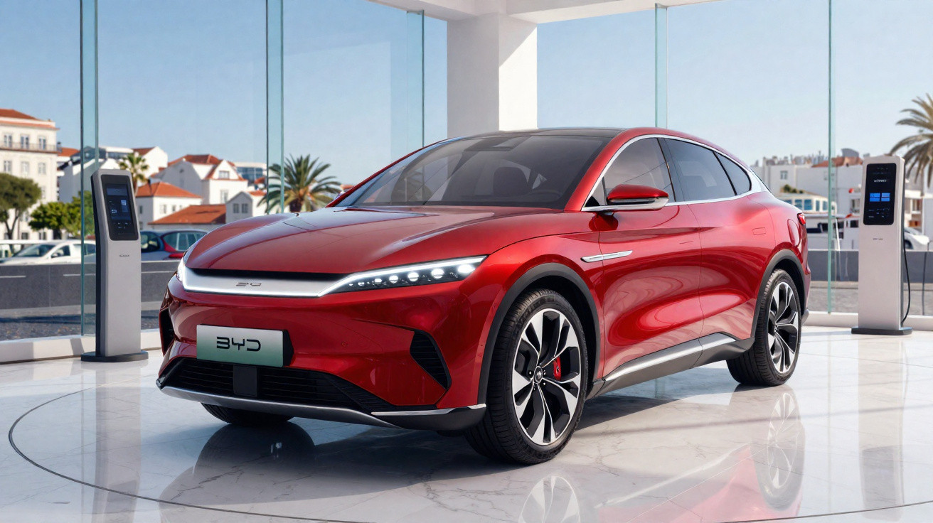 Carro elétrico SUV vermelho com design moderno em showroom com piso branco e janelas de vidro.