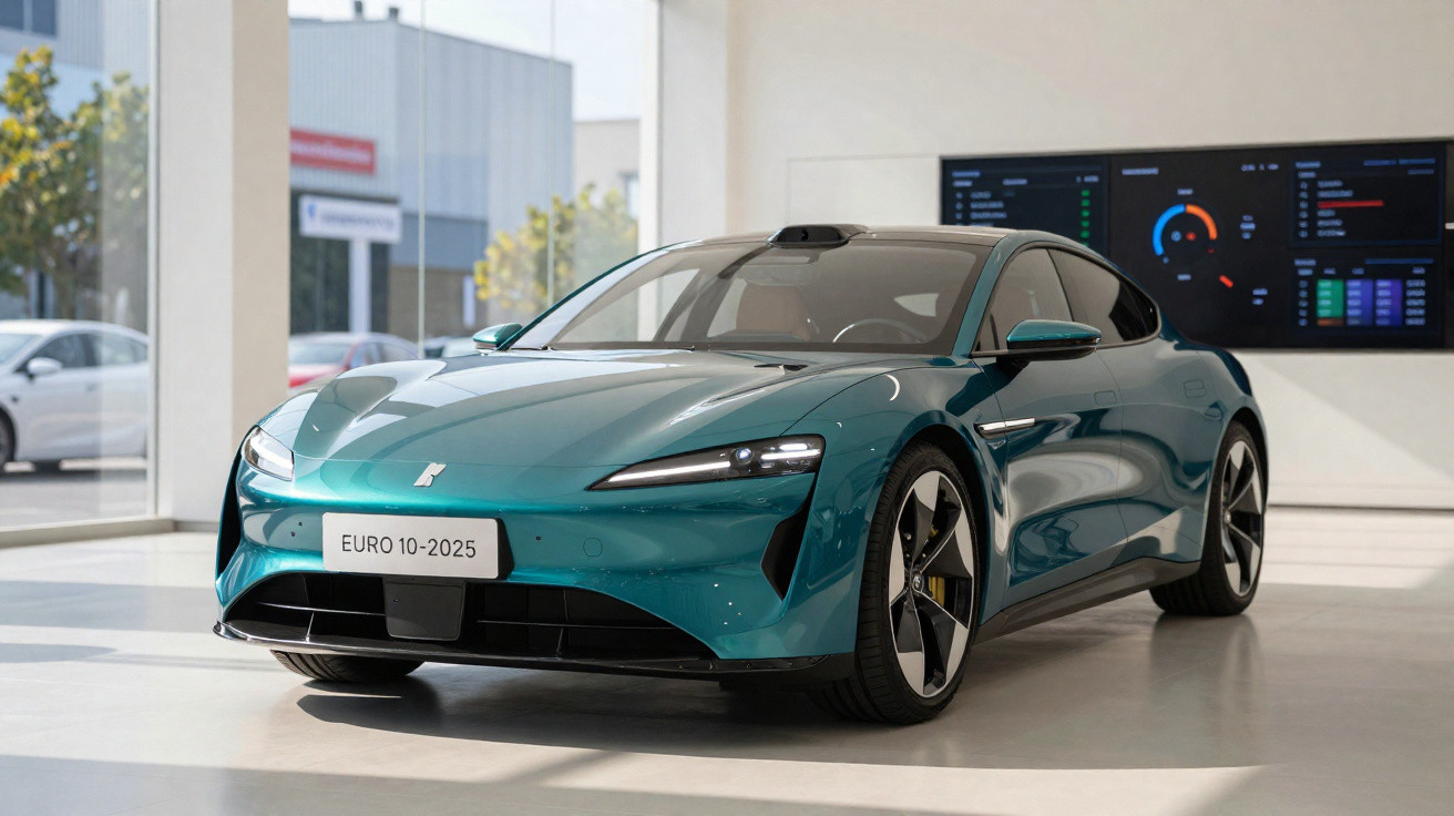 Carro esportivo elétrico azul metálico exibido em showroom moderno com decoração minimalista.