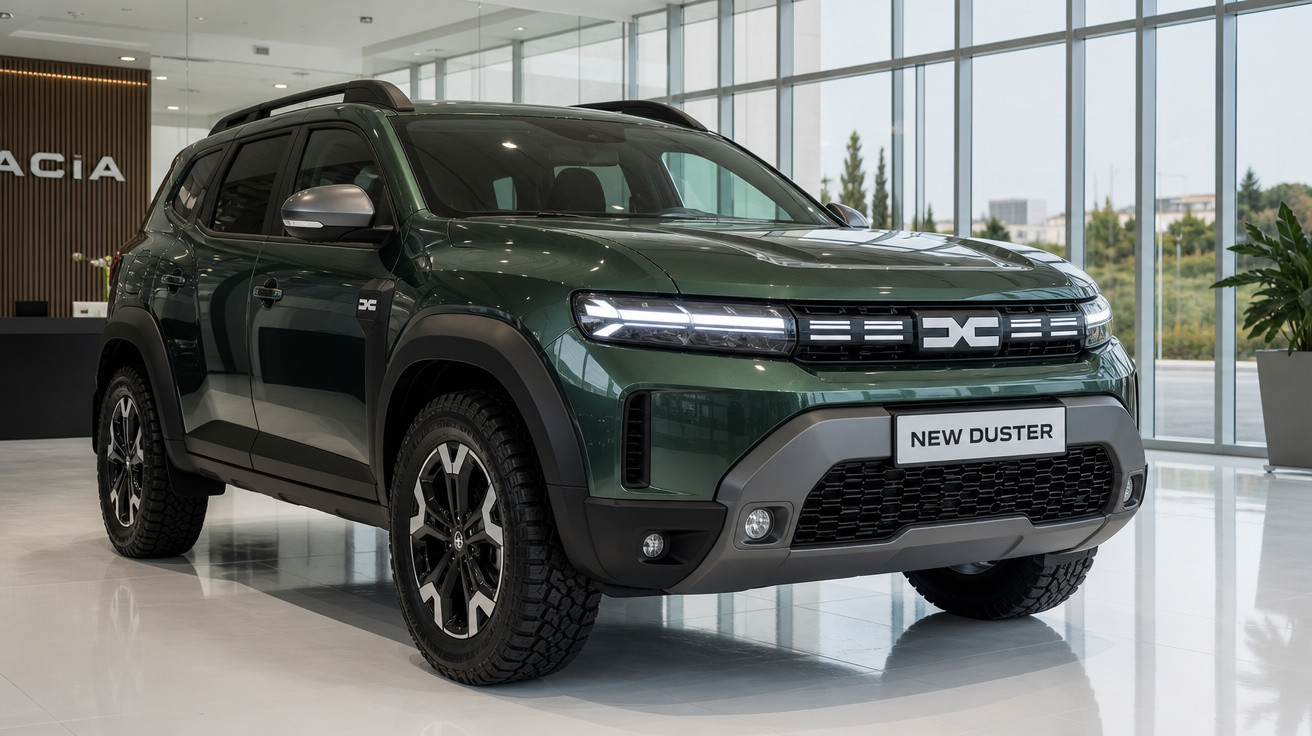 SUV New Duster verde escuro estacionado em showroom com piso branco e paredes de vidro.