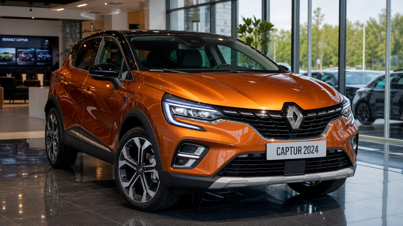 Carro SUV Renault Captur 2024 na cor laranja metálico exposto em showroom moderno.