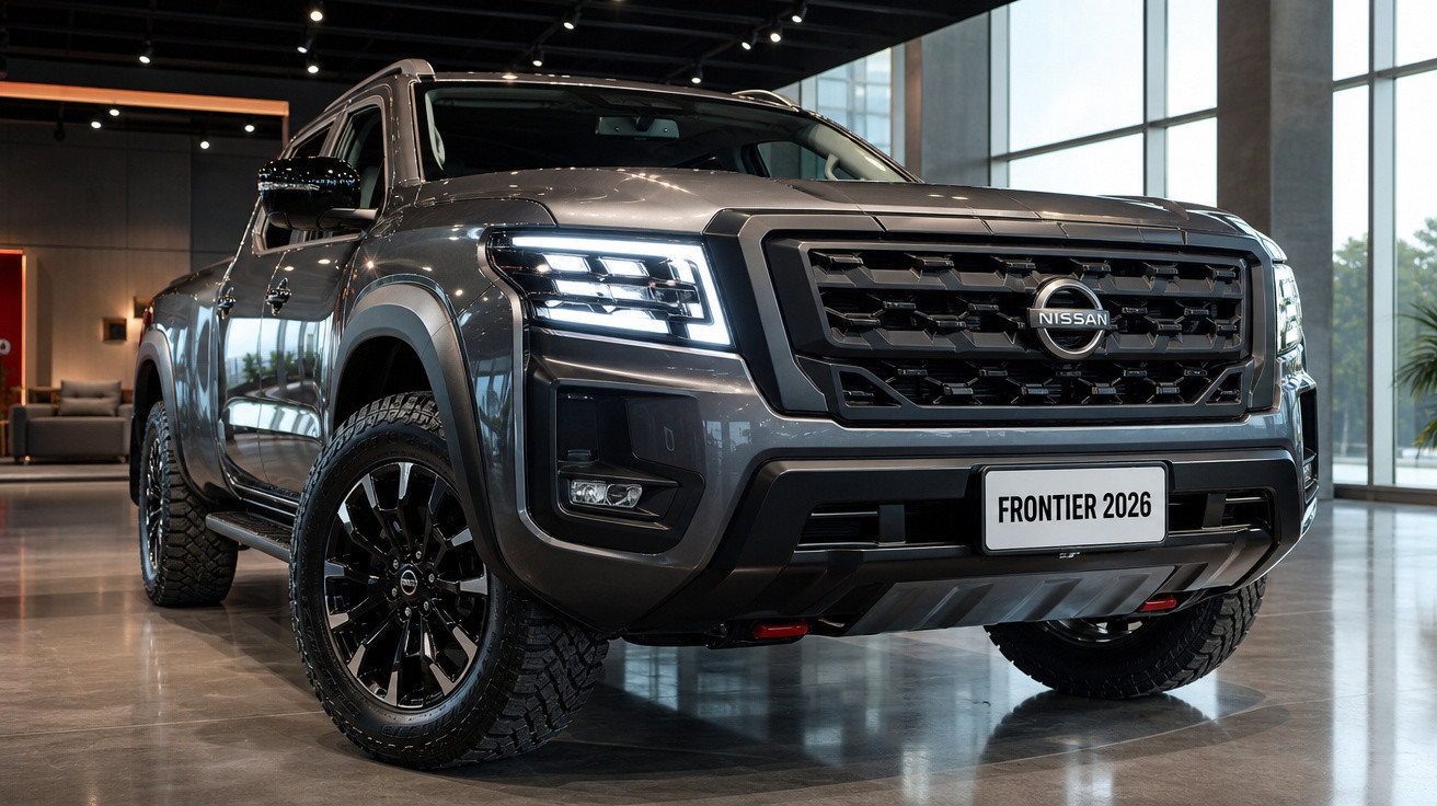Picape Nissan Frontier 2026 cinza estacionada em showroom moderno com luzes acesas e detalhes em preto.