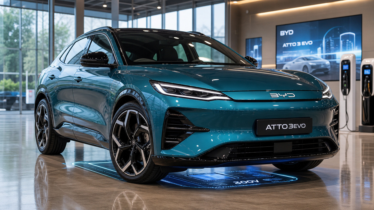 Carro elétrico BYD ATTO 3 EVO azul em exposição interna, com design moderno e rodas pretas.