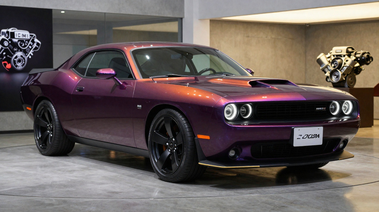 Carro esportivo Dodge Challenger roxo com rodas pretas exposto em ambiente interno moderno.