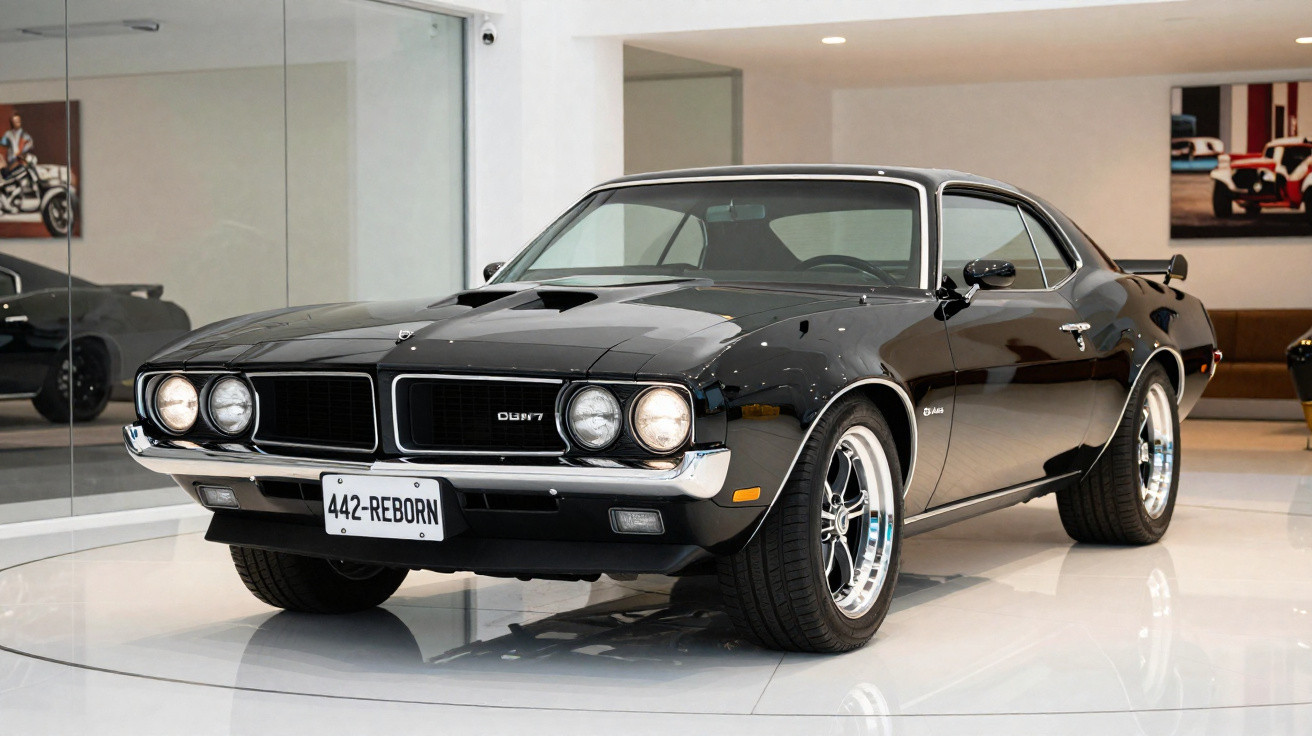 Carro clássico muscle car preto em exposição com faróis duplos e rodas cromadas.