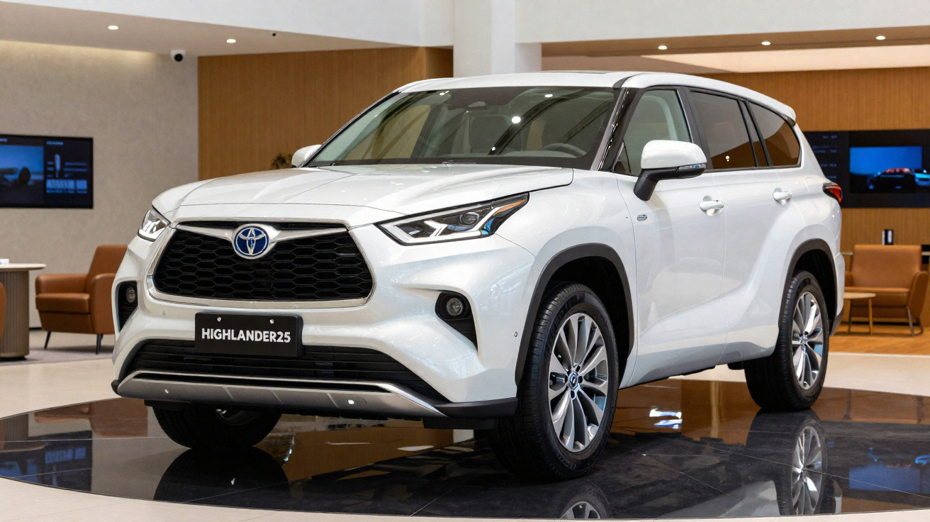 SUV branco Toyota Highlander 2025 em exposição interna, vista frontal direita.