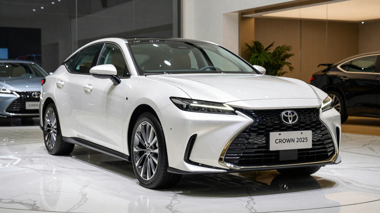Carro sedan branco Toyota Crown 2025 exposto em salão com piso branco brilhante.