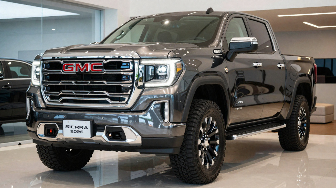 Picape GMC Sierra 2026 preta exibida em showroom com acabamento cromado e pneus robustos.