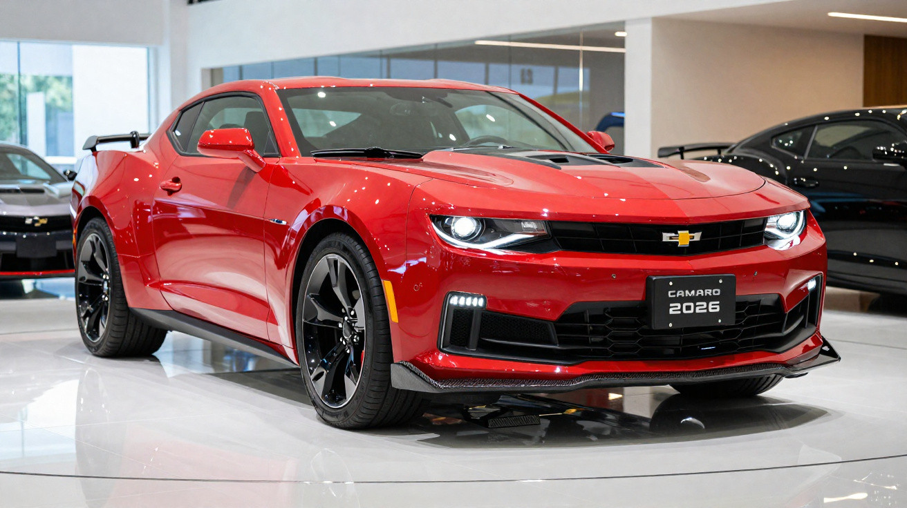 Carro esportivo Chevrolet Camaro vermelho modelo 2026 exibido em showroom moderno.