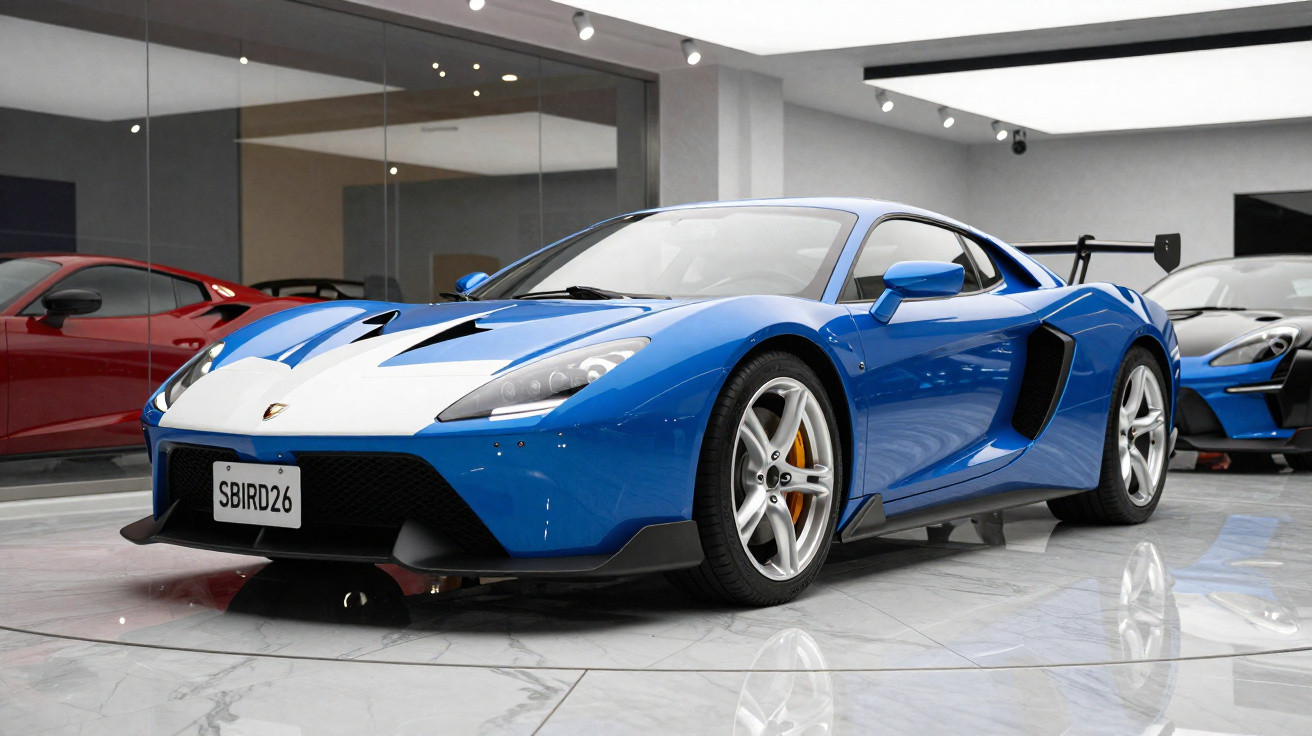 Carro esportivo azul com detalhes brancos em exibição em salão com piso de mármore.