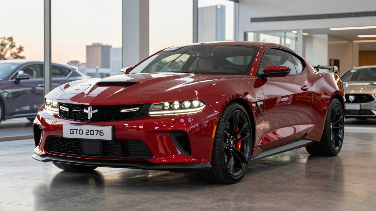 Carro esportivo vermelho com design moderno e rodas pretas em showroom iluminado.
